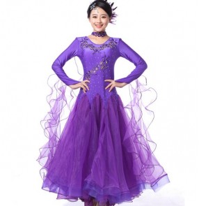 Royal blue violet red hot pink fuchsia yellow turquoise light pink red rhinestones long sleeves women's competition professional ballroom  dresses tango waltz dance dresses